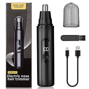 SUERBEATY rechargeable nose and ear hair trimmer with black finish and LED display on product packaging.
