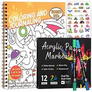 60-Page 7" x 8.3" Prudiuut Coloring Book w/ 12 Markers (Dinosaurs or Aliens) $5