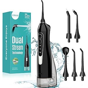 COSLUS black cordless rechargeable water dental flosser with 300ml capacity.