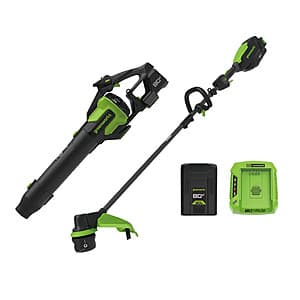 80V cordless blower and 17-inch string trimmer combo pack, showing both power tools with batteries and charger system.