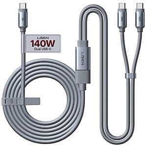 Gray LISEN USB-C splitter charging cable, 6.6 feet long with dual USB-C outputs for simultaneous charging.