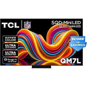 TCL 65-inch 4K UHD smart TV with QM7L Series mini-LED display and Google TV interface.