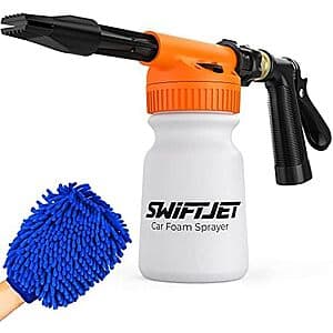 SwiftJet foam cannon spray gun in black with attached microfiber wash mitt, displayed against a neutral background.