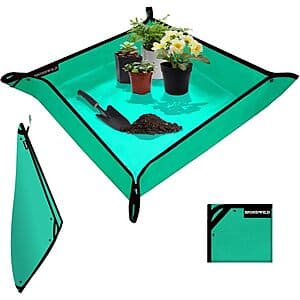 SPONDWILD PVC repotting mat with corner buckles in green and blue color options, featuring waterproof material for garden and potting work.
