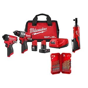 Milwaukee M12 FUEL 12V Hammer Drill Kit + M12 3/8" Ratchet + SHOCKWAVE 23-Pc Kit $156 + Free S&H
