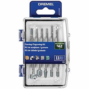 11-piece Dremel carving and engraving bits rotary tool accessory kit in retail packaging, model 729-01.