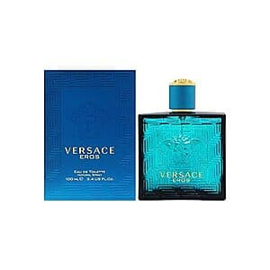 Versace Eros for Men 3.4 oz Eau de Toilette Spray bottle with classic packaging.