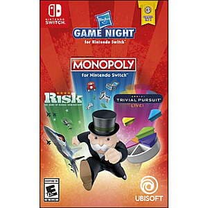 Hasbro Game Night package for Nintendo Switch featuring Monopoly, Risk, and Trivial Pursuit Live bundled together.
