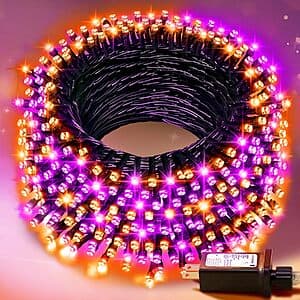 100-foot coil of purple and orange LED Halloween string lights with timer control and multi-mode functionality.