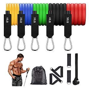 BN-LINK resistance bands set with 5 color-coded bands (yellow, blue, green, black, red) and handles, arranged to show the full 150lbs stackable collection.