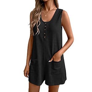 Black sleeveless waffle knit romper with button-up front and side pockets, displayed on a mannequin.