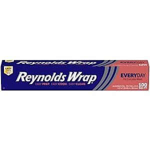 Silver Reynolds Wrap Everyday Strength Aluminum Foil Roll in original packaging, 100 sq ft capacity.