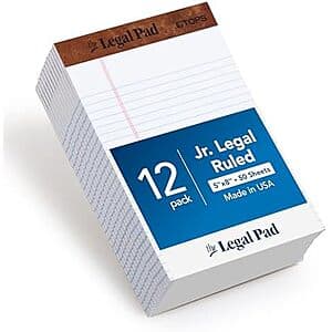 12-Pk TOPS 5" x 8" 50 Sheet Legal Ruled Bright White Paper Pads $6.05