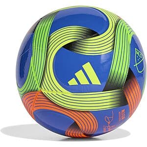 Adidas MLS soccer ball in multiple color options including blue, green, orange, and yellow designs.
