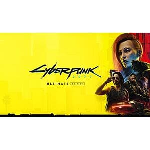 Cyberpunk 2077 PC game cover art and promotional imagery showing the futuristic dystopian setting and neon-lit cityscape.
