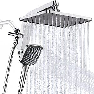 Chrome 12-inch rainfall showerhead with matching handheld shower combination unit.