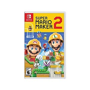 Super Mario Maker 2 video game case for Nintendo Switch with colorful cover art featuring Mario and game creation tools.