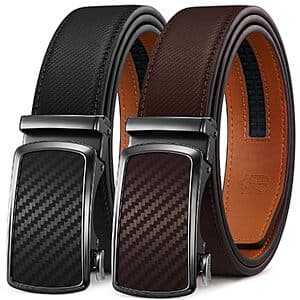 Two leather ratchet belts in black and brown displayed side by side.