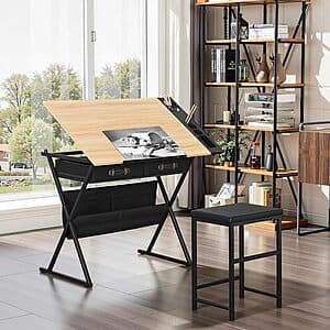 Vecelo Adjustable Drafting Tabletop w/ 2x Storage Drawers and Stool (Natural) $80 + Free S&H