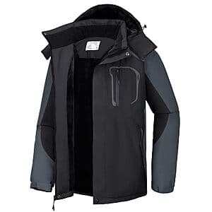 Men's hooded parka snow jacket in dark color with waterproof exterior and visible fleece lining at cuffs and collar.