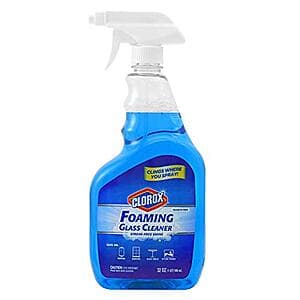Clorox 32-ounce foaming glass cleaner bottle with trigger spray in Fresh Scent, clear glass with blue labeling.