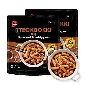 Two packs of O'Food Tteokbooki Authentic Korean Rice Cakes in BBQ flavor with product packaging shown.