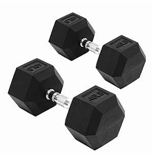 Two hexagonal rubber dumbbells with non-slip grip, 40 lb weight per dumbbell, dark color.