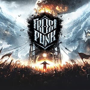 Frostpunk game cover art featuring a frozen cityscape with industrial structures and winter atmosphere.