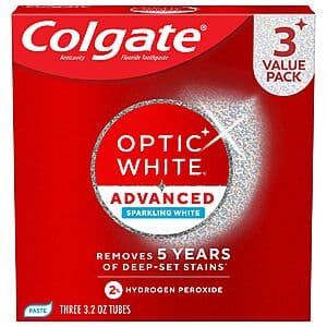 Three boxes of Colgate Optic White Advanced Hydrogen Peroxide Toothpaste in sparkling white formula, 3.2 oz size.