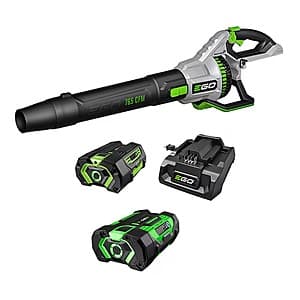 EGO 56V cordless leaf blower with ergonomic design, featuring variable-speed control dial and included nozzle attachments.