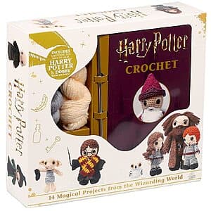 Harry Potter crochet kit box showing colorful amigurumi dolls of Harry Potter, Dobby, and other Wizarding World characters with crochet supplies and instruction book.