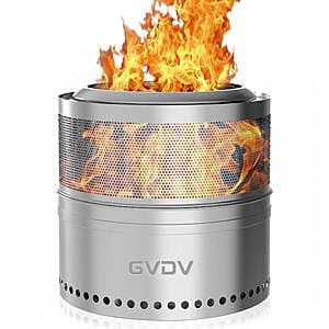 GVDV 18-inch collapsible smokeless fire pit in brushed stainless steel with removable ash pan and black carry bag.