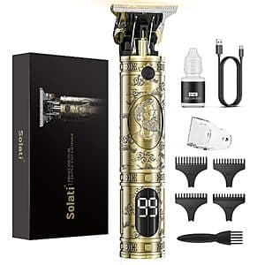 Solati cordless T-blade hair trimmer and beard edger with black body and LCD display screen on front panel.