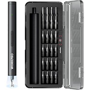 WORKPRO 3.6V mini electric screwdriver with compact white and black design, shown with 20 magnetized S2 steel bits and magnetizer tool.