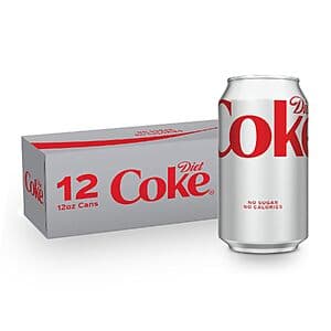 Pack of 12 Diet Coke 12-ounce aluminum cans with silver and black branding.