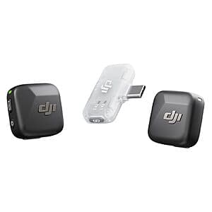 DJI Mic Mini wireless lavalier microphone kit showing two compact black transmitter units and mobile receiver with charging case on white background.