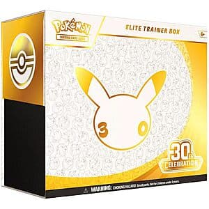 Pokémon TCG 30th Celebration Elite Trainer Box with product packaging showing anniversary branding and collectible trading card game contents.