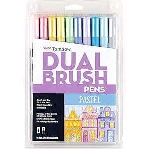 10-pack of Tombow Dual Brush Pen Art Markers in pastel colors, featuring dual-sided brush tips for fine and broad strokes.