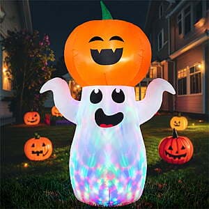GVDV 5-foot inflatable Halloween decoration featuring an orange pumpkin and white ghost design with 360-degree rotating LED lights.