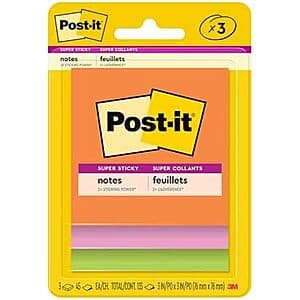 Three-pack of Post-it Super Sticky Notes in 3"x3" size with Energy Boost Collection colors in yellow, orange, pink, and green.
