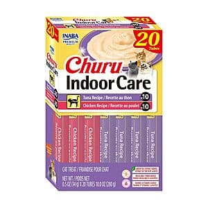 20-count box of INABA Churu lickable cat treat tubes in Tuna and Chicken flavors, individual 0.5-oz pouches.