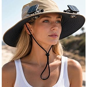 Solar-powered wide brim hat with built-in fan and UPF 50+ protection, featuring one-size-fits-all design with adjustable drawstring.