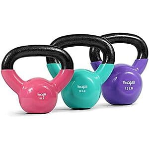 Set of three vinyl-coated cast iron kettlebells in red, yellow, and blue, weighing 5, 10, and 15 pounds respectively.