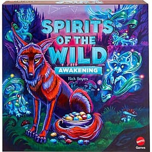 Spirits of the Wild: Awakening board game box with game board, spirit tokens, and animal power cards displayed.