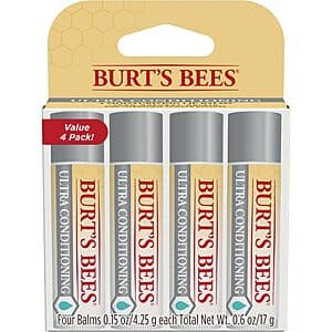 Four 0.15 oz tubes of Burt's Bees Ultra Conditioning Lip Balm with yellow and green packaging.