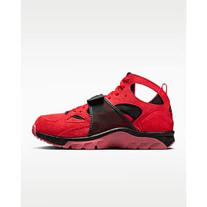 Nike Men's Air Trainer Huarache shoes in Challenge Red with black accents, displayed against a neutral background.