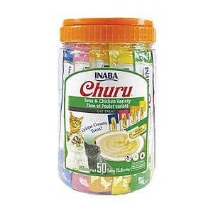 50-Count 0.5-Oz INABA Churu Puree Cat Treats (Tuna & Chicken Variety) $14.25 w/ Subscribe & Save
