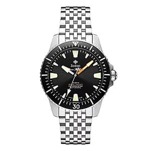Zodiac Super Sea Wolf Pro-Diver COSC automatic men's watch with black dial and stainless steel case.