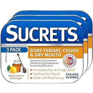 3-Pack 18-Count Sucrets Sore Throat & Cough Lozenges (Honey Lemon) $6.55 w/ Subscribe & Save