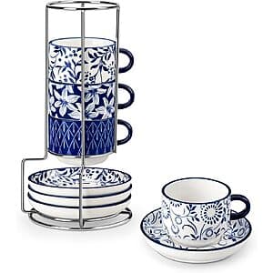 4-Ct vancasso Porcelain Stackable Cups & Saucers Set w/ Stand: 4oz $16.50, 2.5oz $14.50